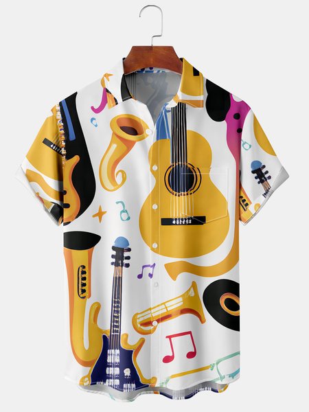 

Mens Music Guitar Print Front Buttons Soft Breathable Chest Pocket Casual Hawaiian Shirts, White, Men's Floral shirt