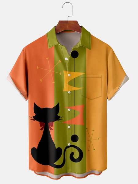 

Casual Art Collection Geometric Color Block Cat Element Pattern Lapel Short Sleeve Chest Pocket Shirt Print Top, Orange red, Men's Floral shirt