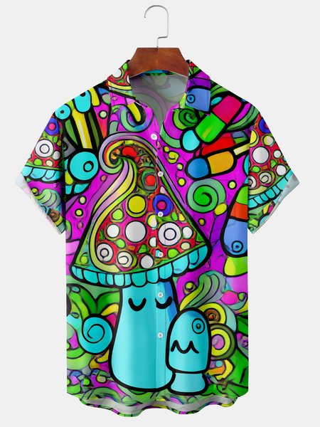 

Mens Hippie Mushroom Print Front Buttons Soft Breathable Chest Pocket Casual Hawaiian Shirts, Green, Men's Floral shirt