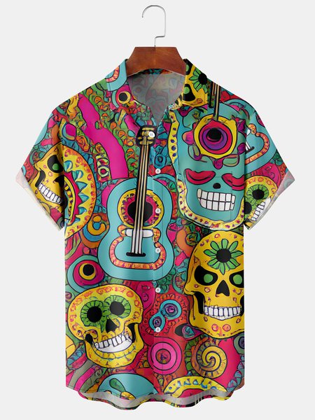 

Mens Music Hippie Print Front Buttons Soft Breathable Chest Pocket Casual Hawaiian Shirts, Red, Men's Floral shirt