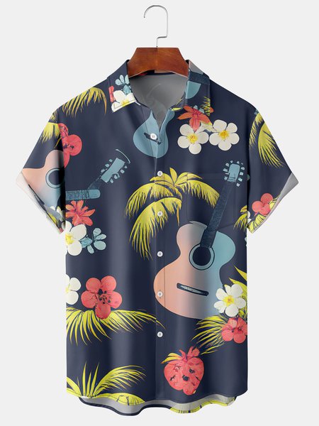 

Mens Guitar Print Front Buttons Soft Breathable Chest Pocket Casual Hawaiian Shirts, Blue, Men's Floral shirt