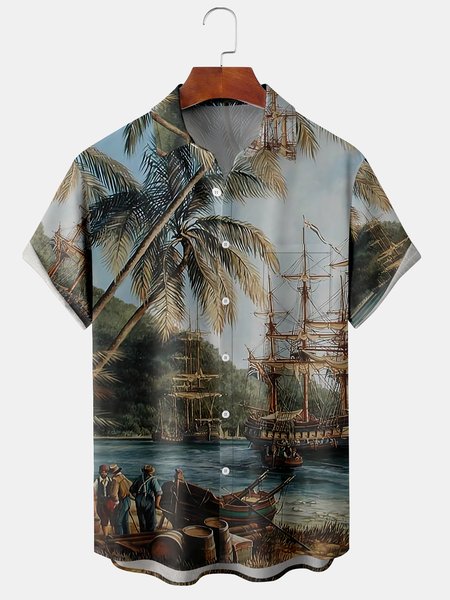 

Men's Coconut Print Short Sleeve Hawaiian Shirt with Chest Pocket, Blue, Short Sleeve Shirts
