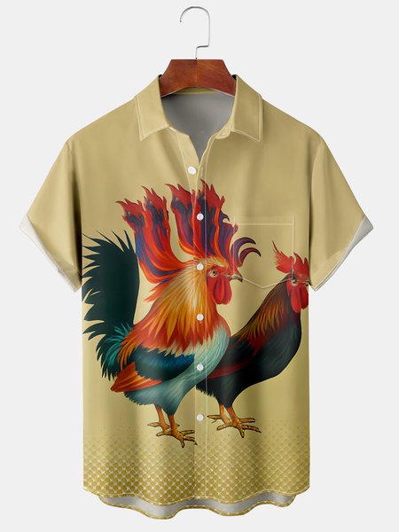

Mens Cock Print Front Buttons Soft Breathable Chest Pocket Casual Hawaiian Shirts, Khaki, Men's Floral shirt