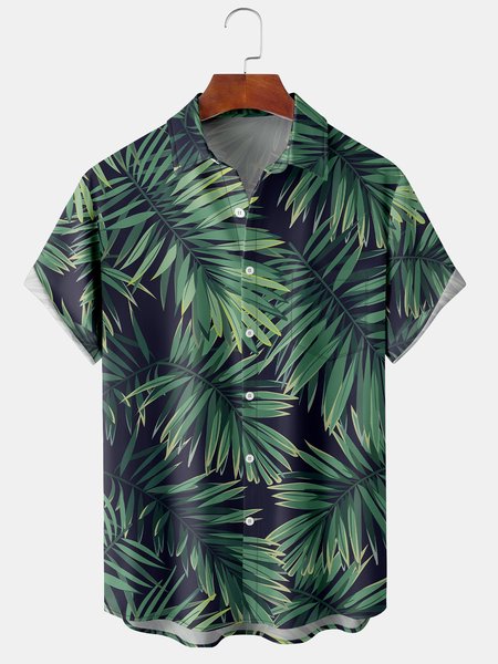 

Holiday Style Hawaiian Series Botanical Leaf Element Pattern Lapel Short-Sleeved Printed Shirt Top, Green, Shirts ＆ Blouse