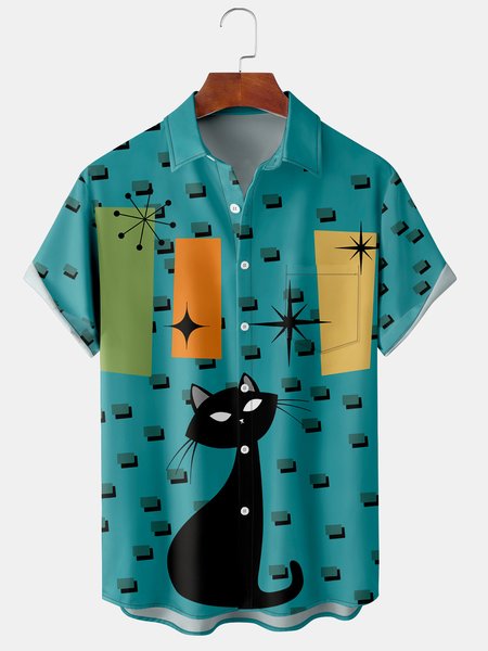 

Casual Art Collection Geometric Color Block Cat Element Pattern Lapel Short Sleeve Chest Pocket Shirt Print Top, Cyan, Men's Floral shirt
