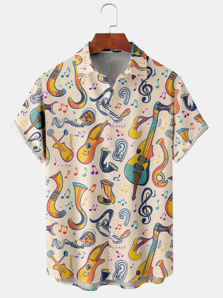 

Mens Music Print Front Buttons Soft Breathable Chest Pocket Casual Hawaiian Shirts, Khaki, Men's Floral shirt