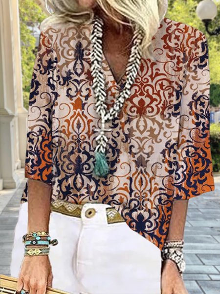 

JFN V Neck Ethnic Vacation Loose Blouse, Multicolor, Shirts & Blouses
