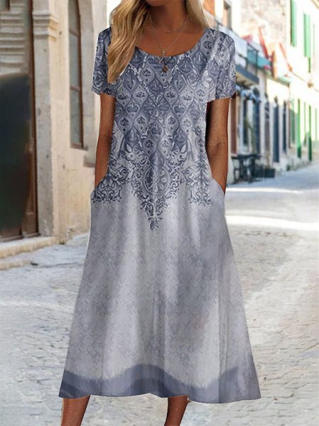 

Ethnic Floral Design Crew Neck Knit Dress, Blue, Dresses