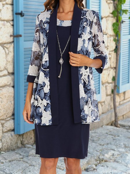 

Elegant Floral Crew Neck Two Piece Set, Dark blue, Mini Dresses