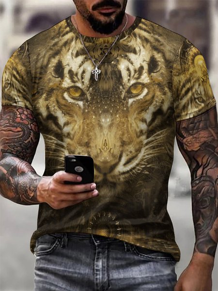 

Men Tiger Printing Crew Neck Casual T-Shirt, Black-yellow, T-shirts