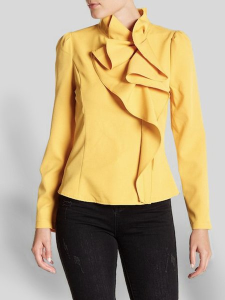 

Daily Long sleeve Elegant Stand Collar Regular Fit Top, Yellow, Blouses and Shirts