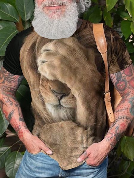 

Men Lion Crew Neck Casual T-Shirt, Black, T-shirts