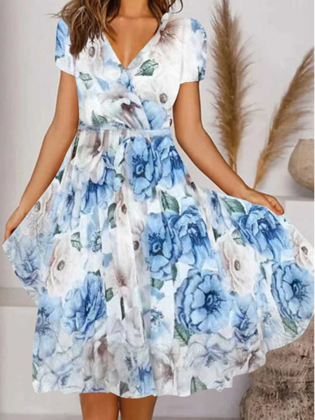 

Floral V Neck Loose Dresses, Multicolor, Dresses