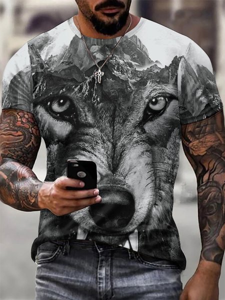 

Men Wolf Printing Casual T-Shirt, Black-white, T-shirts