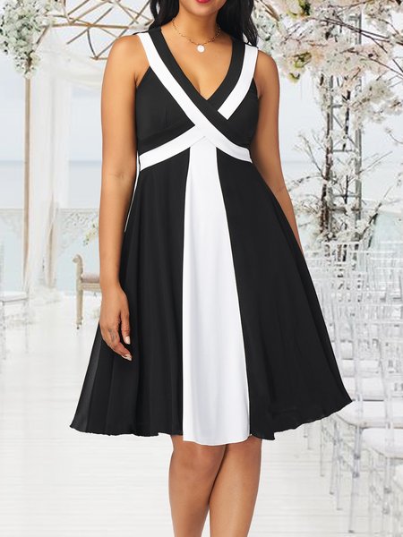 

color block Zip up Party Dress Plus Size, Black-white, Dresses