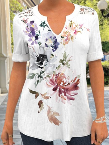 

Vacation Loose V Neck Floral Blouse, White, Tunics