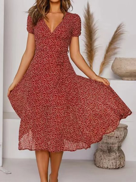 

V Neck Polka Dots Dresses, Red, Midi Dresses