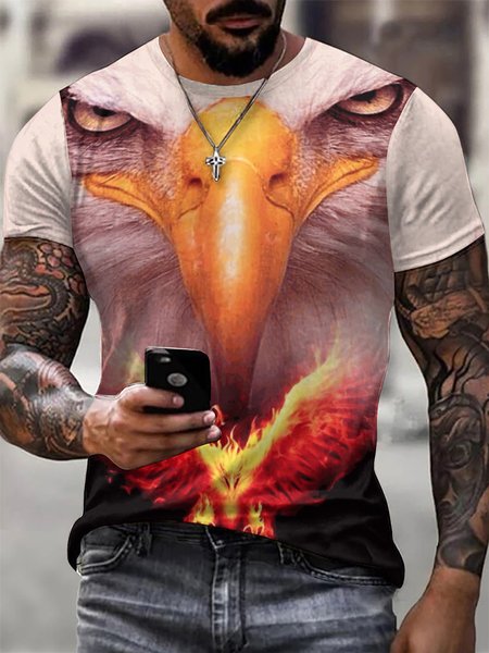 

Men Eagle Fire Printing Regular Fit Crew Neck T-Shirt, White-yellow, T-shirts