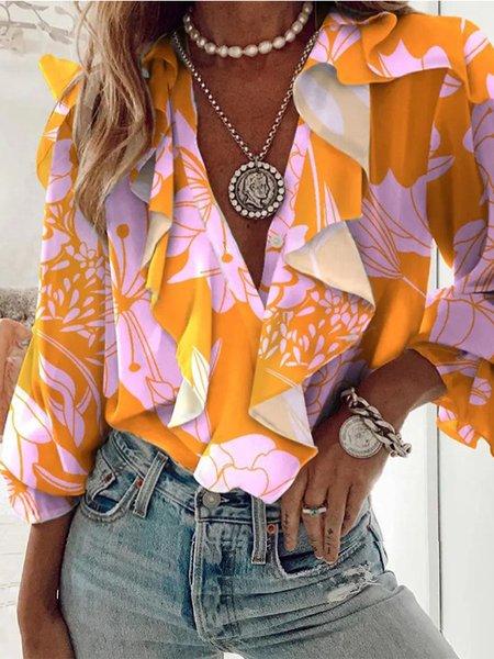 

Casual Lotus Leaf Collar Regular Fit Tops, Multicolor, Shirts & Blouses