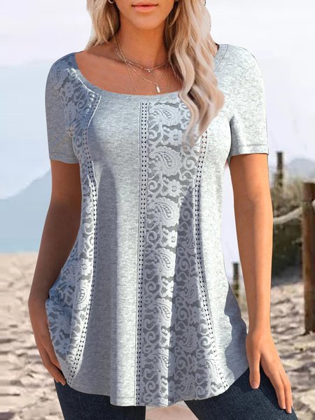 

Casual Lace Panel Crew Neck Short Sleeve Knit Top, Gray, Shirts & Blouses