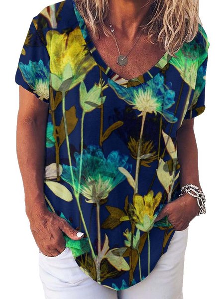 

Women Floral Printing Casual Floral V Neck T-Shirt, Flower, T-shirts
