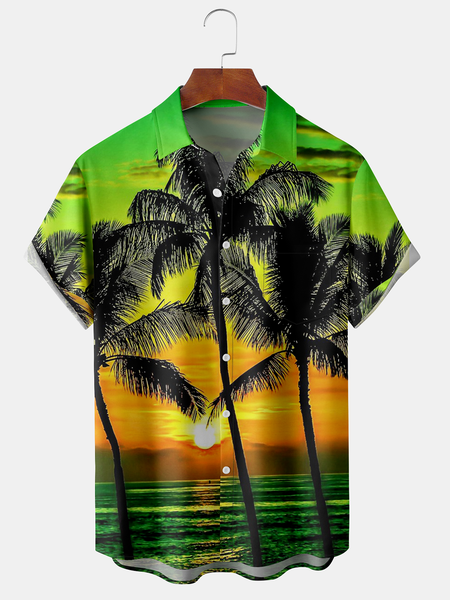 Mens Coconut Tree Holiday Style Short Sleeve Shirt Hawaii Gradient Plant Leaves Lapel Print Top, Green, Men's Floral shirt