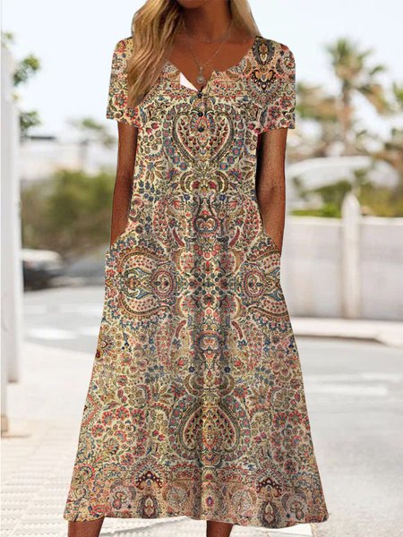 

Crew Neck Ethnic Vintage Dresses, Multicolor, Dresses