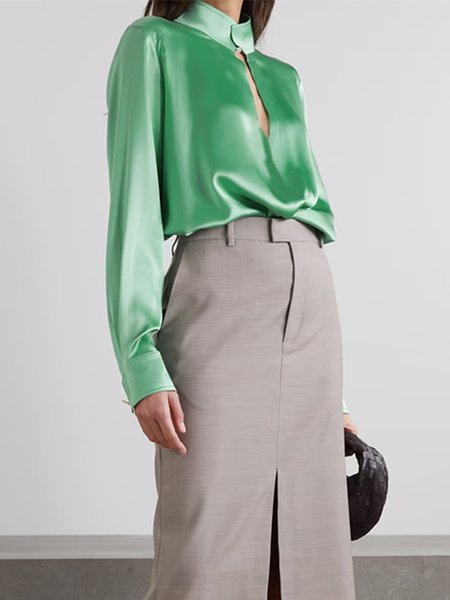 

Plain Stand Collar Urban Long Sleeve Top, Green, Blouses and Shirts