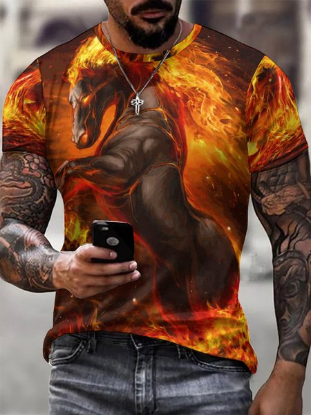 

Men Fire Printing Crew Neck T-Shirt, Black-orange, T-shirts