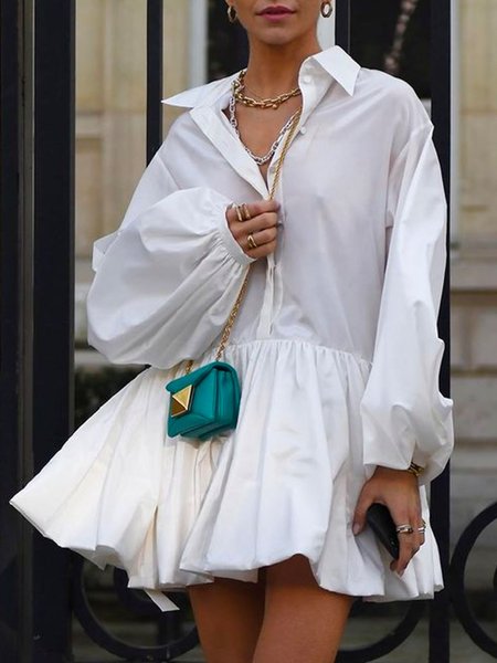 

Urban Long Sleeve Shirt Collar Plain Shirt Dress, White, Mini Dresses