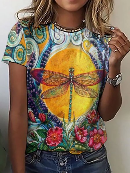 

Women Dragonfly Crew Neck Simple T-Shirt, As picture, T-shirts