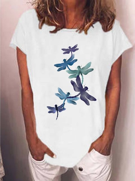 

Women Dragonfly Printing Casual Cotton-Blend T-Shirt, White, T-shirts