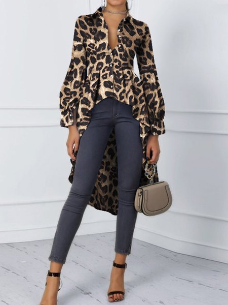 

Leopard Shirt Collar Long Sleeve Irregular Blouse, Blouses and Shirts