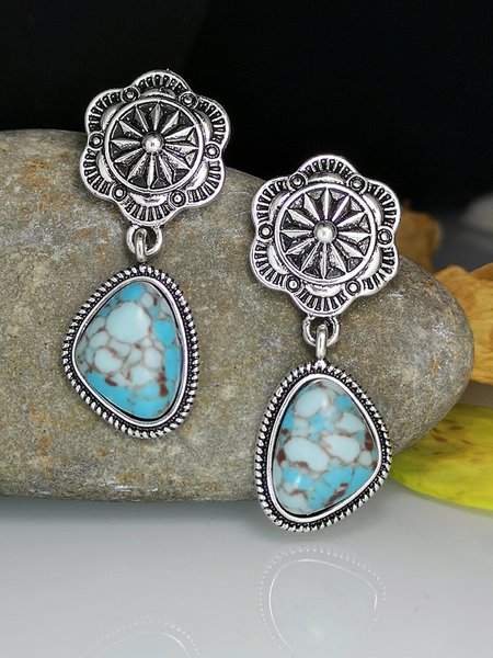

Casual Vintage Natural Turquoise Ethnic Pattern Earrings, Silver, Earrings