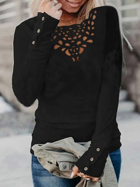 

Plain Casual Eyelet Buttoned T-Shirt, Black, T-Shirts