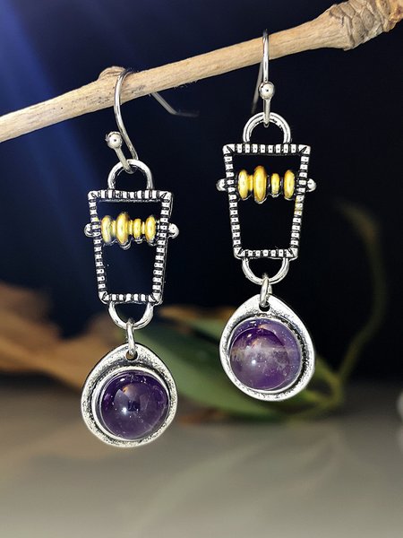 

Retro Style Ethnic Casual Natural Stone Amethyst Earrings, Silver, Earrings