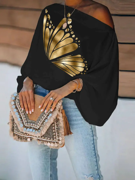 

Summer Asymmetrical H-Line Three Quarter Urban Butterfly Daily Tops, Black, Tops