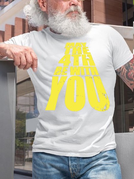 

Mens Funny MAY THE 4TH BE WITH YOU Text Letters Casual T-Shirt, White, T-shirts