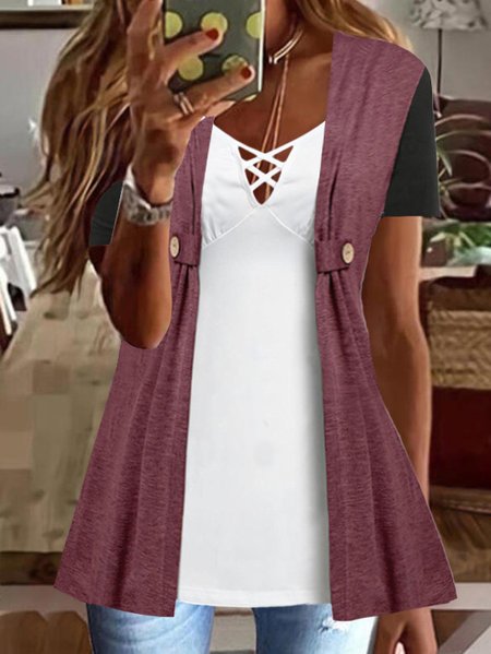 

Regular Fit V Neck Casual Top, Wine red, Tops