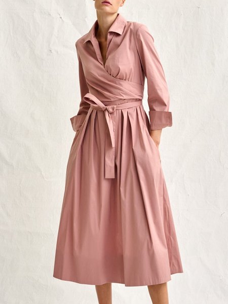 

Midi Long sleeve Shirt Collar Plain Linen Dress, Pink, Midi Dresses