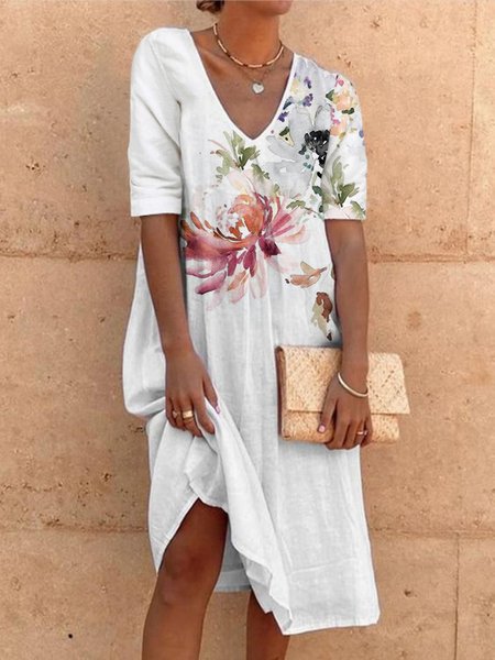 

Floral V Neck Casual Dresses, White, Dresses
