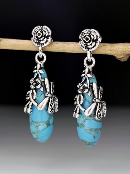 

Vintage Casual Turquoise Floral Dragonfly Earrings, Silver, Earrings