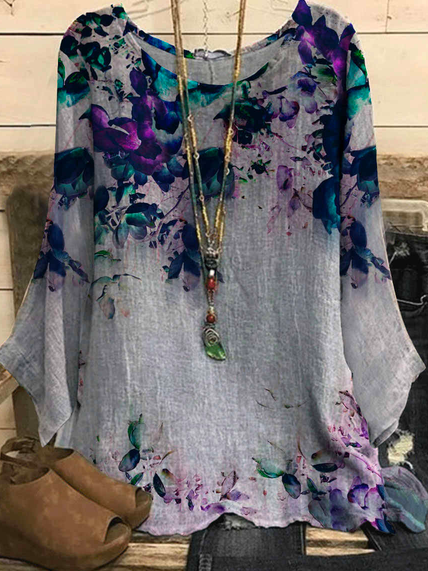 

Loose Floral Vacation Crew Neck Top, Multicolor, Shirts & Blouses