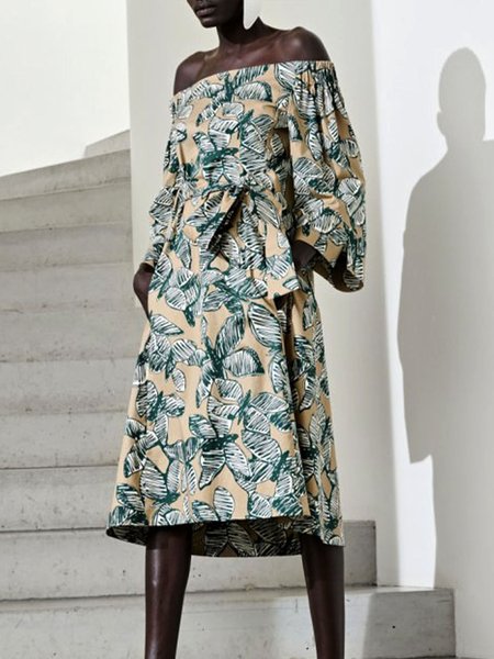 

Butterfly Daily Midi Long sleeve Cold Shoulder Dress, Khaki, Midi Dresses