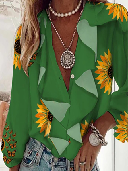 

Loose V Neck Butterfly Blouse, Green, Shirts & Blouses