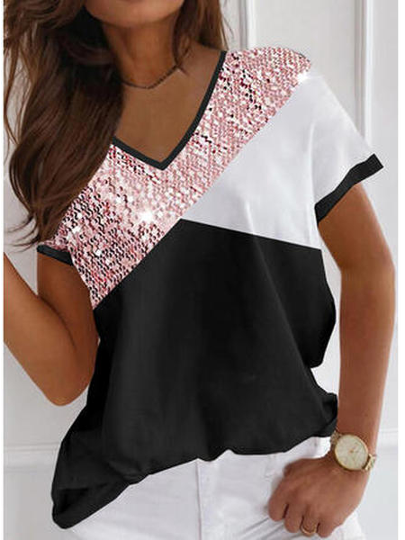 

Color Block Casual V Neck T-Shirt, Multicolor, T-Shirts