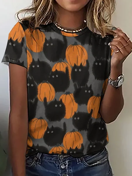 Women Funny Black Cat Pumpkin Simple Animal T-Shirt, T-shirts