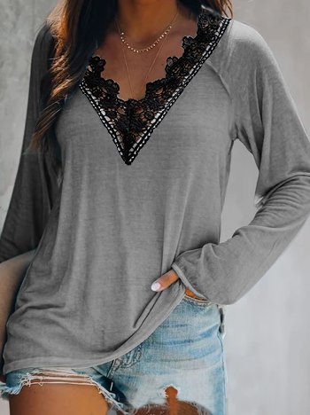 

Simple Lace Collar Design Long Sleeve Knit T-Shirt, Gray, T-Shirts