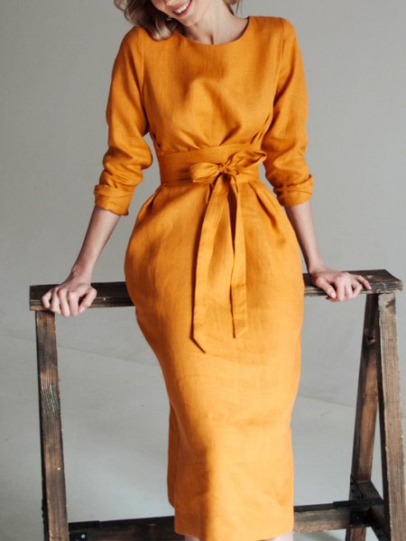 

Midi Long sleeve Plain Regular Fit Crew Neck Dress, Yellow, Midi Dresses