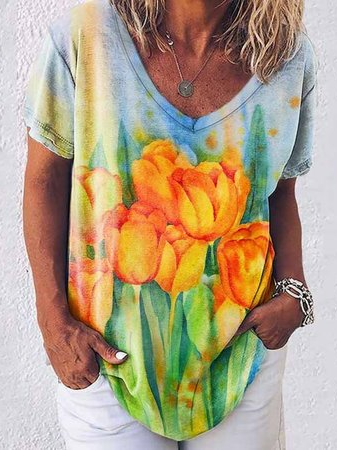

Floral Casual Loose V Neck T-Shirt, Multicolor, T-Shirts